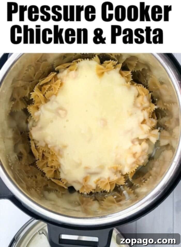 Instant Pot Chicken Pasta recipe, a close-up of the creamy dish with chicken and vegetables.