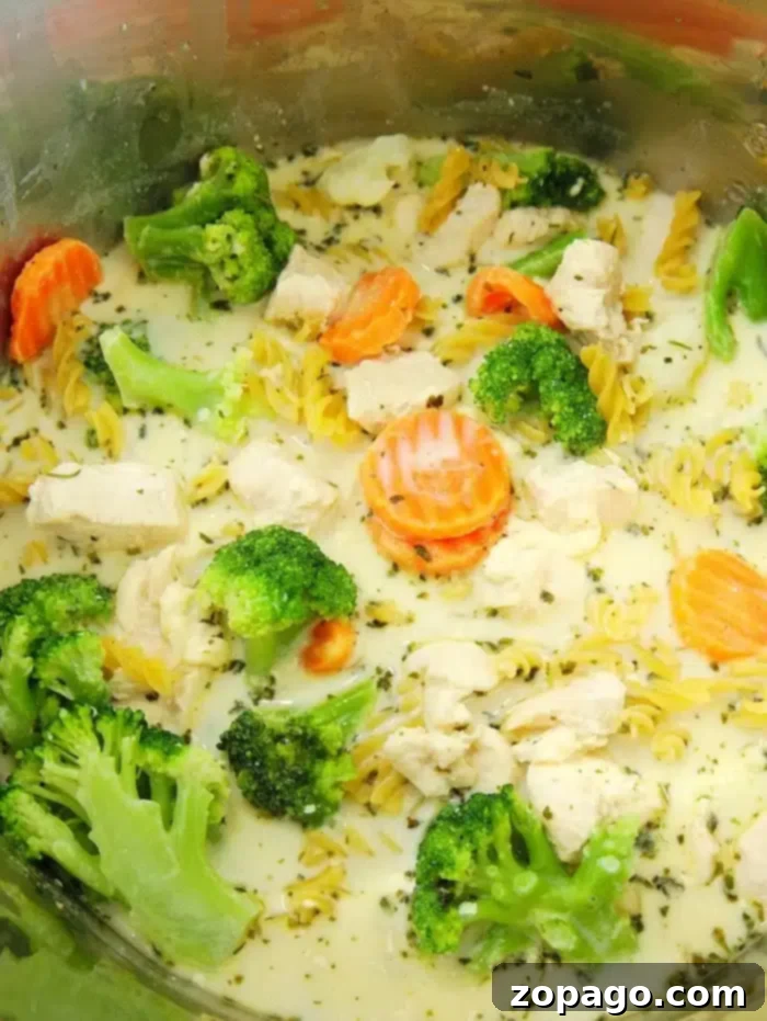 A close-up of Instant Pot chicken pasta featuring spiral noodles, vibrant broccoli florets, and sliced carrots coated in a rich, creamy sauce, garnished with fresh herbs.