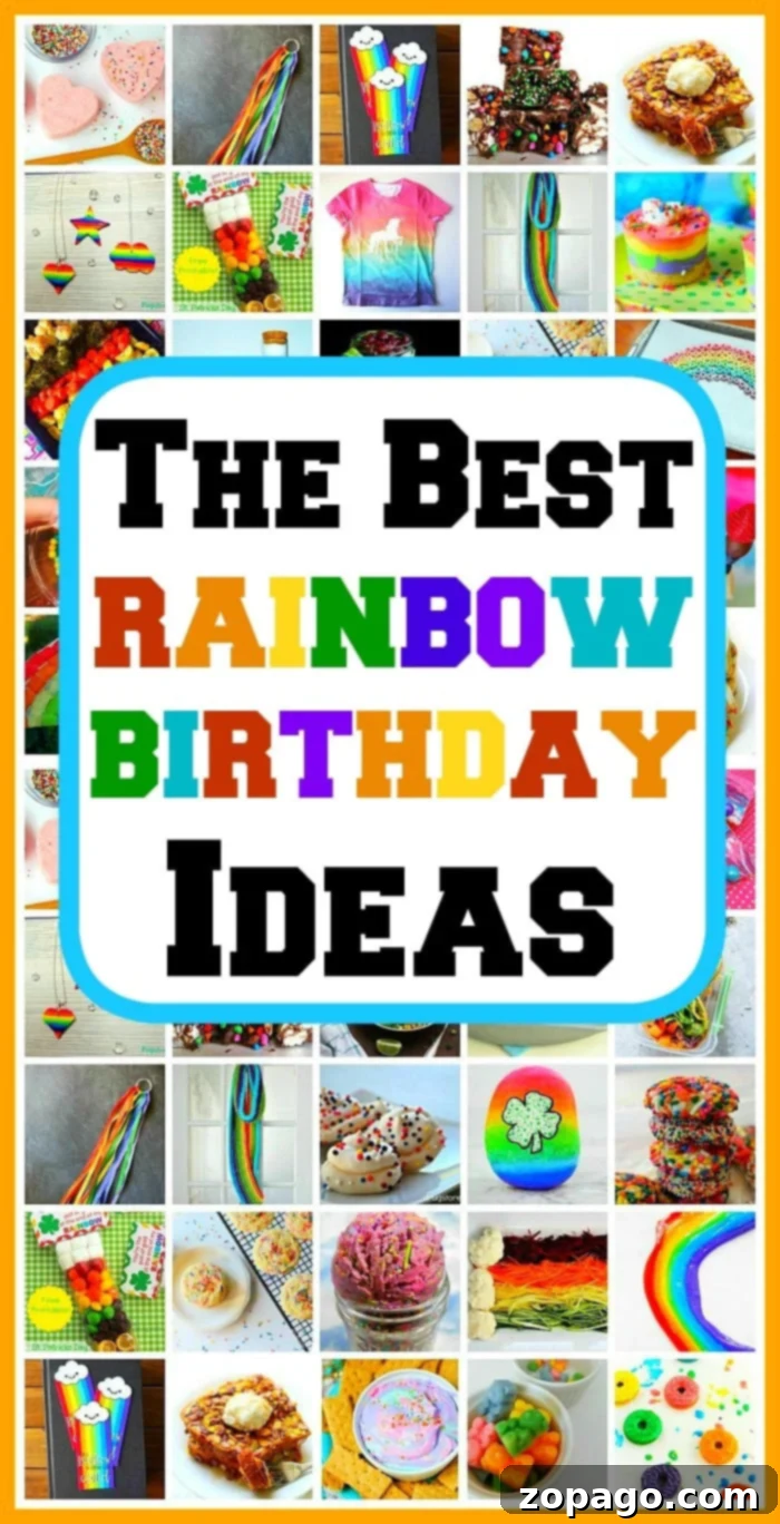 Vibrant rainbow birthday party setup with colorful decorations and treats