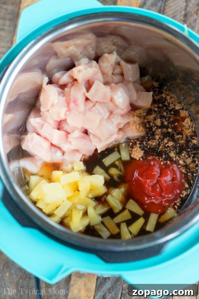 Instant Pot Hawaiian chicken is pineapple sweet with a bit of a kick. Served on top of rice or by itself it's one of our favorite pressure cooker dinners! #instantpotrecipes #instantpot #chicken #pineapple #hawaiian #sweet #thetypicalmom #ninjafoodirecipes Close-up of tender Instant Pot Hawaiian chicken with pineapple pieces and a thick sauce.
