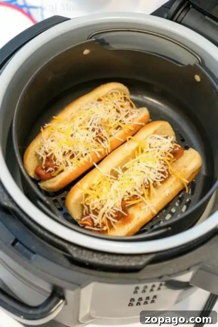 Air Fryer hot dogs or chili dogs are the perfect quick dinner idea our whole family loves! Load your buns up with toppings & they come out nice & crispy. #airfryer #hotdogs #chilidogs #ninjafoodi #ninjafoodirecipes Two air fryer hot dogs with grated cheese on top sit in a basket, nestled in their buns side by side. The air fryer lid is visible at the edge of the image, capturing a perfect meal prep moment.