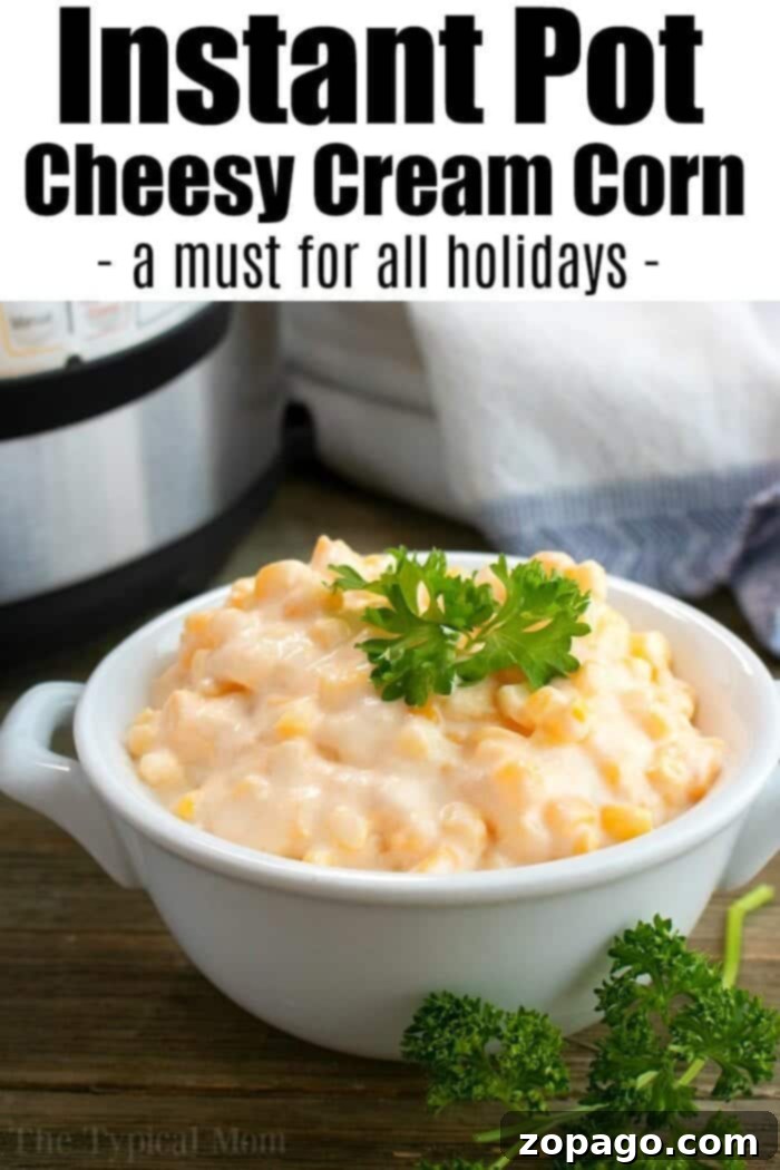 Savory Instant Pot Creamed Corn with Crispy Bacon 6 A serving bowl filled with a generous portion of Instant Pot creamed corn, garnished with a sprig of fresh parsley, ready to be enjoyed as a comforting side dish.