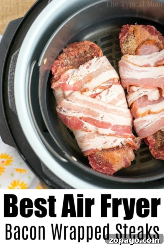 Juicy Air Fryer Steak Wrapped in Crispy Bacon Close-up of a succulent bacon-wrapped steak ready to be served