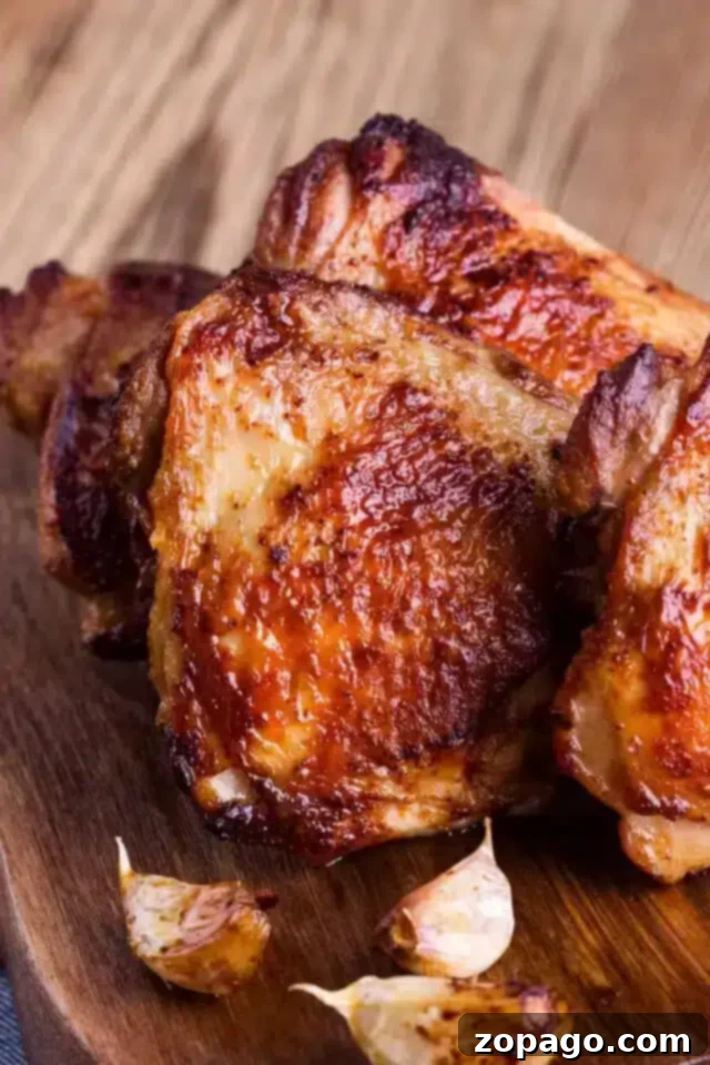 Crispy Bone in Air Fryer Chicken Thighs 2 A close-up view of several pieces of golden-brown, bone-in air fryer chicken thighs with crispy skin on a wooden surface, accompanied by a few roasted garlic cloves. The deliciously well-cooked chicken promises a savory experience.