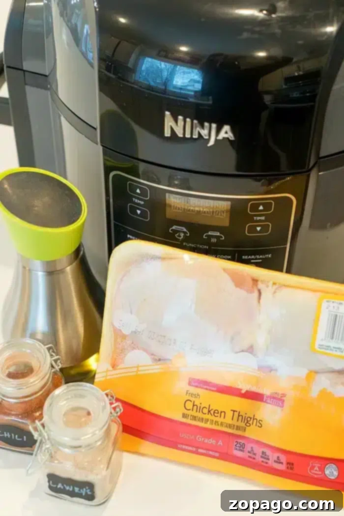 Best air fryer chicken thighs ever! Use this dry rub for chicken to make sweet and crispy chicken in an air fryer that's tender and juicy inside. Yum! #airfryerrecipes #airfryer #ninjafoodirecipes #ninjafoodi #chickenthighs #chicken #crispy A Ninja countertop appliance is shown behind a package of uncooked fresh, bone-in, air fryer chicken thighs labeled Signature Farms. Two small spice jars labeled