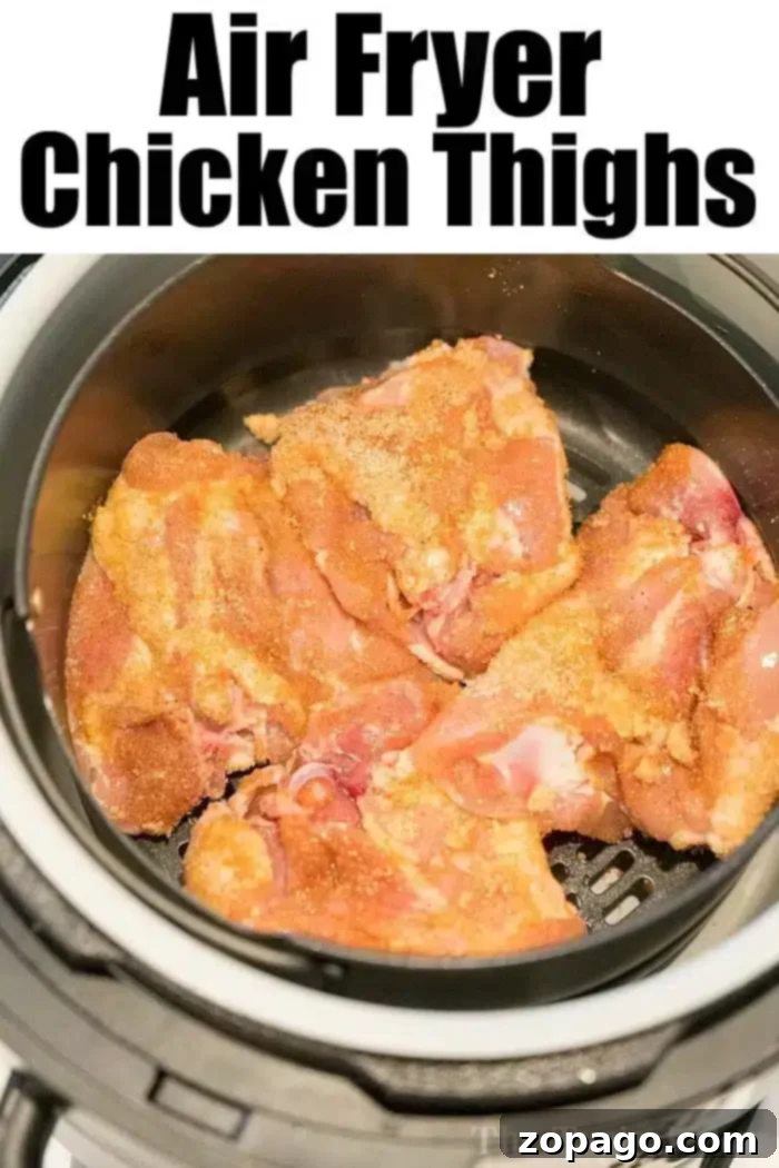 Best air fryer chicken thighs ever! Use this dry rub for chicken to make sweet and crispy chicken in an air fryer that's tender and juicy inside. Yum! #airfryerrecipes #airfryer #ninjafoodirecipes #ninjafoodi #chickenthighs #chicken #crispy Image of raw, bone-in air fryer chicken thighs seasoned and placed inside an air fryer, ready to cook. The text above the image reads "Air Fryer Chicken Thighs.