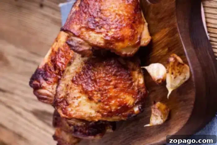 Air fryer chicken thighs! Use this dry rub for chicken to make sweet and crispy chicken in an air fryer that's tender and juicy inside. Yum! #airfryerrecipes #airfryer #ninjafoodirecipes #ninjafoodi #chickenthighs #chicken #crispy air fried bone-in chicken thighs with crispy, browned skin are arranged on a wooden cutting board. Garlic cloves, also roasted, are placed next to the chicken pieces. The background features a wooden surface with a rustic appearance.