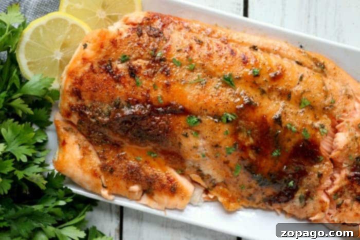 Dry rub salmon fillet with herbs and lemon slices on a white plate, perfectly crispy from the air fryer, garnished with fresh parsley.