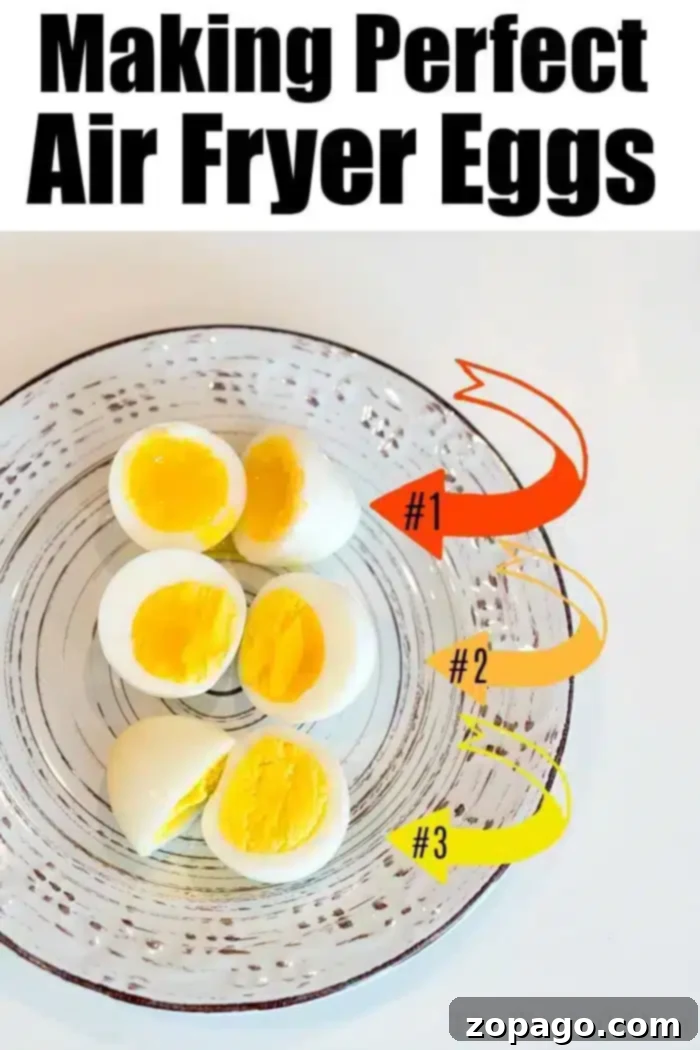 Achieve perfect air fryer hard boiled eggs with our guide, offering three different cook times to get your preferred yolk consistency β ideal for any meal or snack. A white plate with three halved eggs, each showing different levels of doneness. Arrow captions indicate the baking progression: "#1" shows the softest yolk, "#2" is medium, and "#3" is fully cooked, illustrating the versatility of air fryer hard boiled eggs.