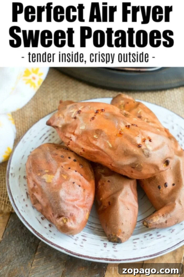 Perfect Air Fryer Sweet Potatoes 8 Two air-fried sweet potatoes, showing their crispy skin and fluffy texture.
