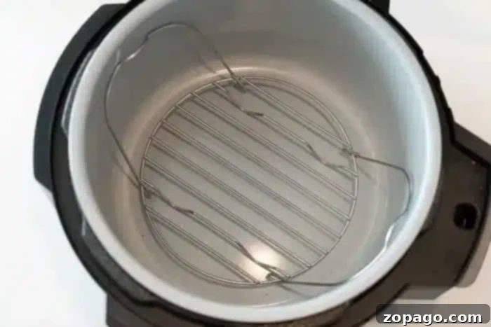 The clean, empty interior of an electric pressure cooker, showcasing its metal insert and cooking rack, ready to prepare delicious meals like an air fryer whole chicken.
