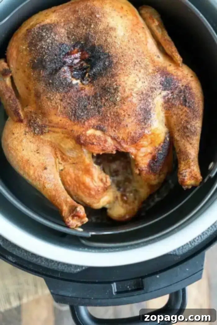 A perfectly roasted air fryer whole chicken with richly seasoned, golden-brown crispy skin sits invitingly in a black air fryer basket on a rustic wooden surface, highlighting its readiness for serving.