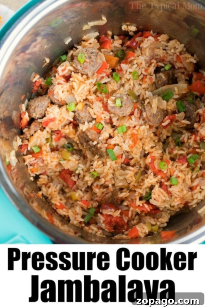 Hearty and Flavorful Pressure Cooker Jambalaya A steaming pot of hearty jambalaya, brimming with fluffy rice, tender sausage, and vibrant vegetables, perfectly cooked in a pressure cooker.