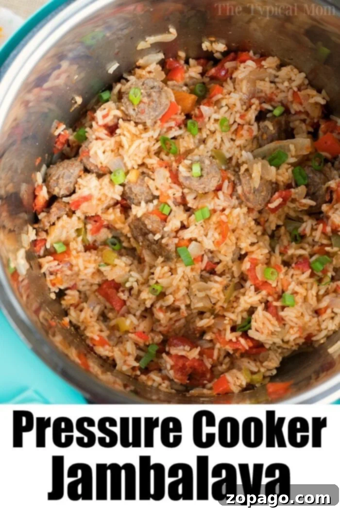 Hearty Pressure Cooker Jambalaya with Rice, Sausage, and Veggies A steaming pot of hearty jambalaya, brimming with rice, tender meat, and vibrant vegetables, all perfectly cooked in a pressure cooker.