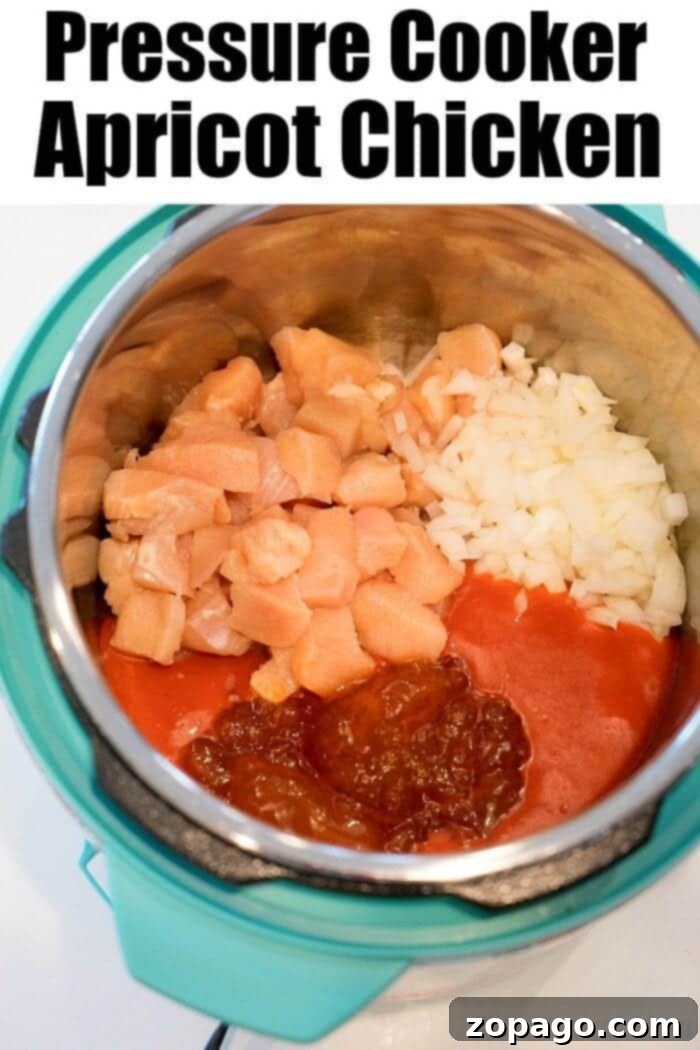 Apricot Glazed Pressure Cooker Chicken 8 Apricot chicken cooking inside an electric pressure cooker, highlighting the rich sauce and tender chicken pieces.