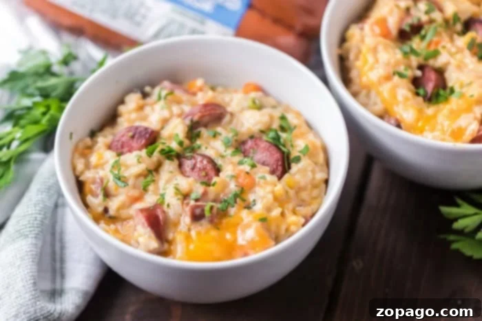 Kid-Friendly Instant Pot Meals 7 Instant Pot Sausage and Rice 2 - A hearty casserole with sausage and rice, topped with melted cheese.
