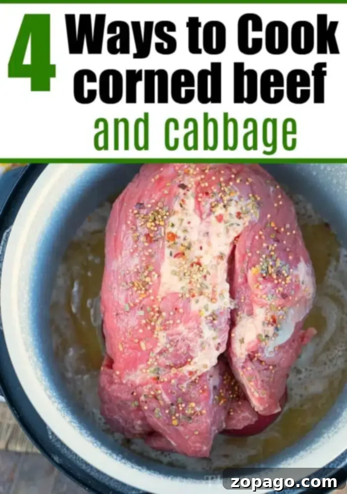 4 cooking corned beef and cabbage methods for your perfect St. Patricks Day dinner! Tender Crockpot, Instant Pot, or dutch oven corned beef every time. #cornedbeefandcabbage #cornedbeef #crockpot #instantpot #ninjafoodi #pressurecooker Raw corned beef seasoned with a spice packet, ready for cooking in a slow cooker. The image text highlights 4 Ways to Enjoy Cooking Corned Beef and Cabbage.