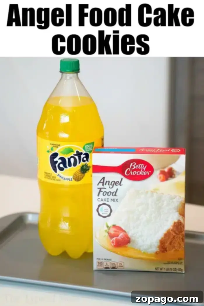 Angel food cake mix cookies with 2 ingredients! A bottle of Fanta Pineapple soda and a box of Betty Crocker Angel Food Cake Mix are placed side-by-side on a kitchen counter, highlighting the two simple ingredients.
