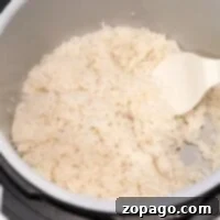Cooked rice in a sleek Ninja Foodi rice cooker with a white plastic serving spoon inside.