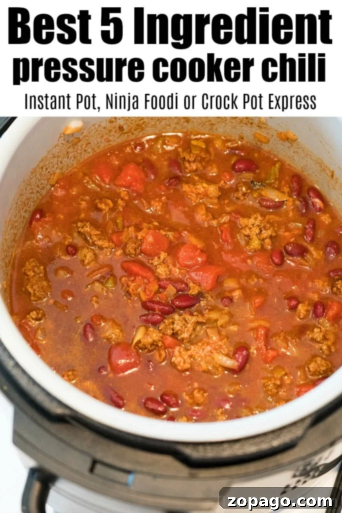 Perfect Fluffy Ninja Foodi Rice 8 Pressure cooker with a cheesy twist, combining ground meat, beans, tomatoes, and pasta. Text reads: Best 5 Ingredient pressure cooker cheesy chili mac - Instant Pot, Ninja Foodi or Crock Pot Express.