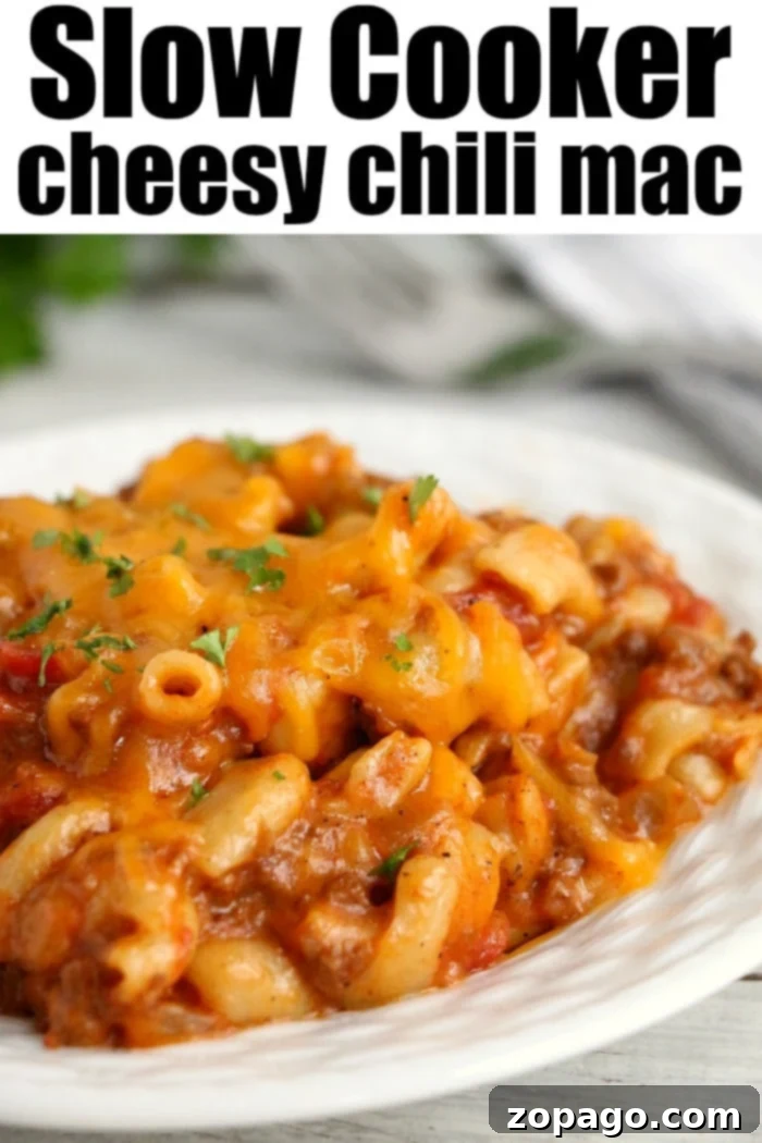 Quick Pressure Cooker Cheesy Chili Mac 2 A hearty serving of Crock Pot chili mac, showcasing rich red sauce, tender pasta, and a generous topping of melted cheese.