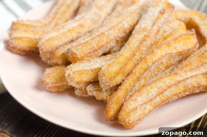 Delicious Homemade Churros 6 A vibrant plate of traditional Mexican churros, showcasing their distinctive ridged shape and cinnamon-sugar coating.