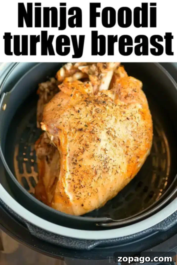 A 3 lb turkey breast cooked to perfection in a Ninja Foodi, sliced and ready to serve.