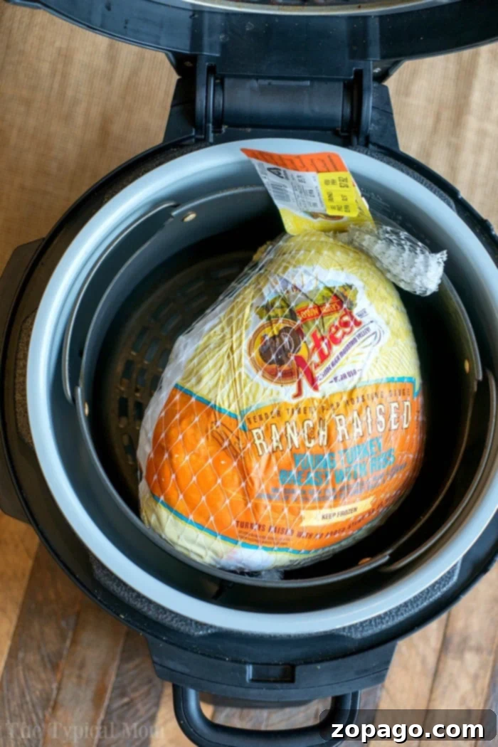 Turkey breast in netting, nestled inside an open Ninja Foodi on a wooden surface, ready for cooking.