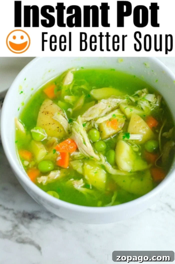 Instant Pot Feel Better Soup: A comforting chicken and vegetable recipe perfect for when you need a boost. #feelbettersoup #instantpot #pressurecooker #chicken #soup #vegetable #cilantro A bowl of Instant Pot Feel Better Soup with tender chicken, bright carrots, green peas, and diced potatoes rests on a elegant marble surface. This nourishing meal is perfect for recovery.