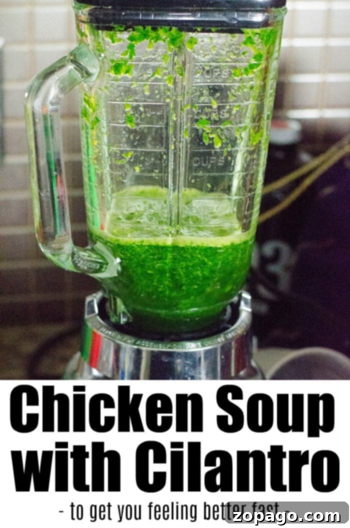 Blending fresh cilantro for the ultimate Feel Better Soup in the Instant Pot, for quick recovery. A blender filled with a vibrant green cilantro mixture stands ready on a kitchen counter, next to a gleaming Instant Pot. The scene is captioned: 'Feel Better Chicken Soup with Cilantro - to get you back on your feet fast,' highlighting the soup's restorative qualities.