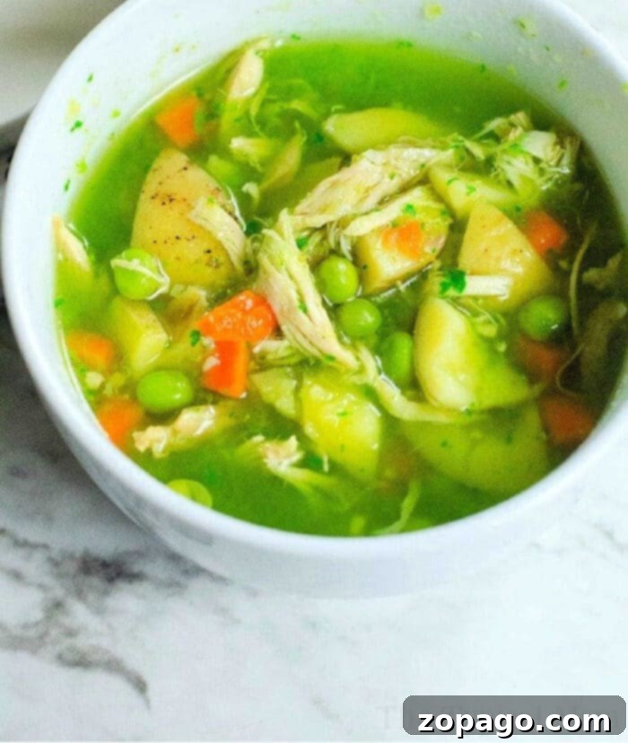 Instant Pot Comfort Soup 8 A comforting bowl of feel better soup, featuring peas, carrots, potatoes, and shredded chicken in a green broth, uses the convenience of an Instant Pot to bring warmth and nourishment to your table. Placed invitingly on a marble surface, it's perfect for those days when you need an extra hug.