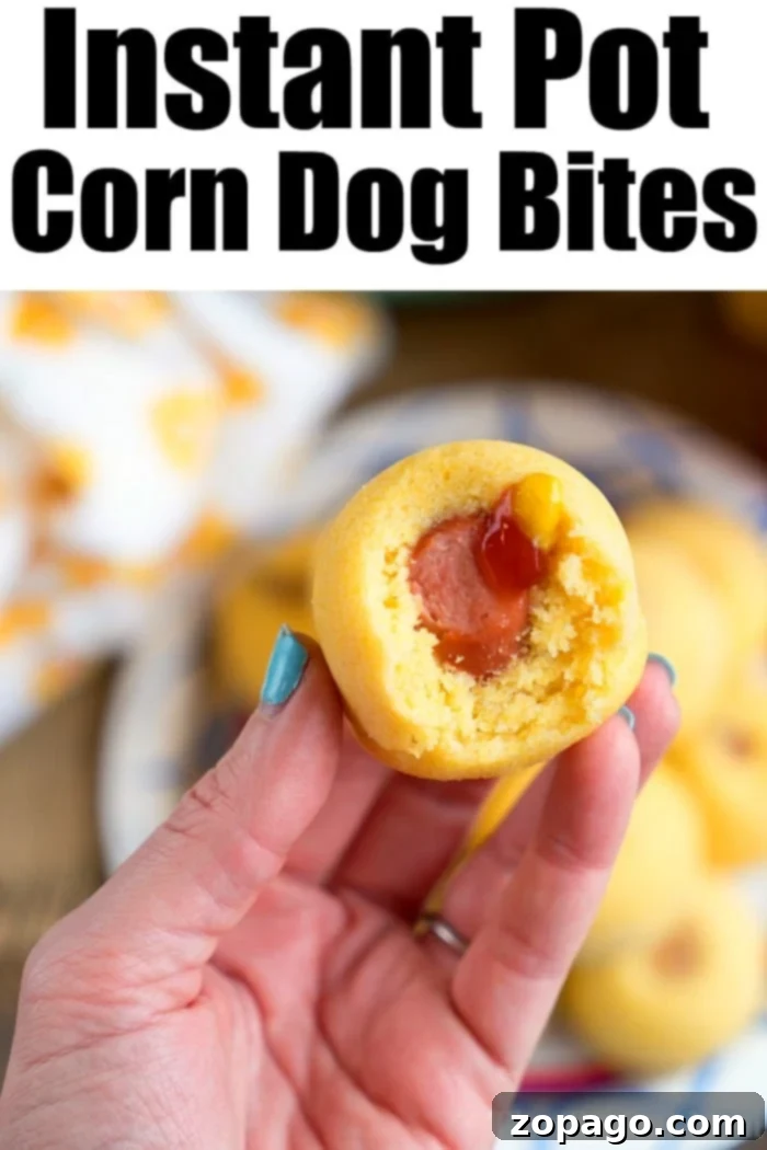 Pressure cooker corn dog bites are an easy, kid-friendly snack or lunch prepared quickly in your Instant Pot, Crock Pot Express, or Ninja Foodi using a silicone egg mold. Delicious pressure cooker corn dog bites, golden brown and ready to serve, made effortlessly in an Instant Pot or Ninja Foodi.
