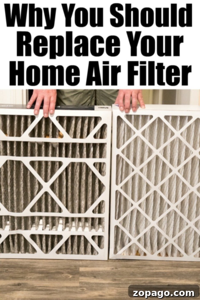 Close-up of a dirty, used home air filter next to a clean, new one, emphasizing the dust and allergens captured.