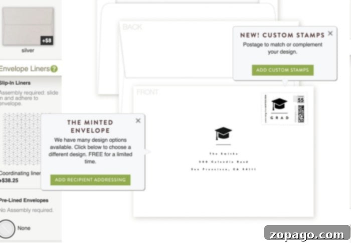 These High School graduation invitations are amazing. Very high quality, unique, and you can personalize them however you'd like. See what we created at Minted.com. A detailed shot of a Minted coupon and information on their free address printing service.