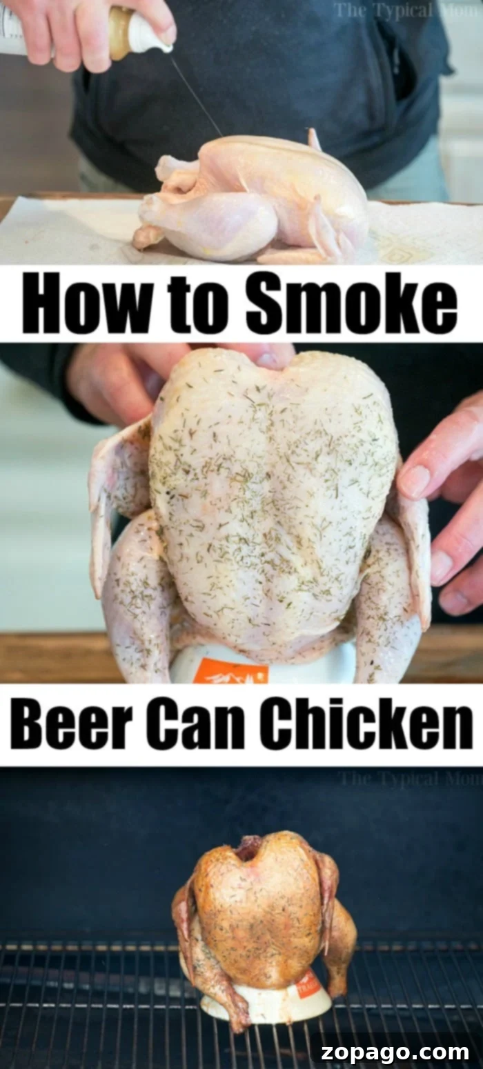 Visual guide for preparing smoked chicken Three-panel guide illustrating steps to prepare and cook smoked beer can chicken on smoker.