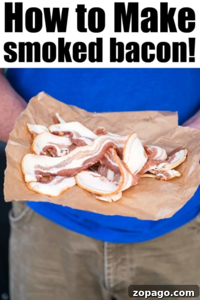 This smoked bacon recipe is amazing! If you're looking for smoky crisp bacon with lots of flavor for breakfast or wrapped inside a meatloaf, try this #smokerrecipes #smokedbacon #smoked #smoker #bacon Smoked Bacon Recipe - perfectly crisp and smoky