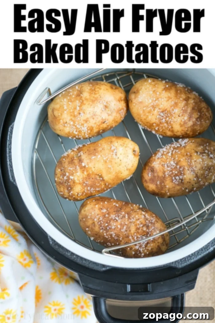 Fluffy Air Fryer Baked Potatoes, perfectly golden brown and ready to be customized with your favorite toppings for a versatile and easy dinner.