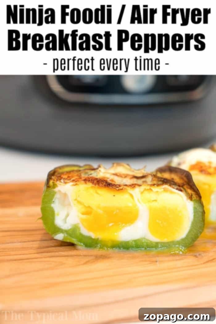 A halved green bell pepper filled with cooked eggs, slightly charred on top, sits on a wooden surface. This Air Fryer Breakfast Stuffed Peppers recipe offers a perfect, quick, and healthy meal.