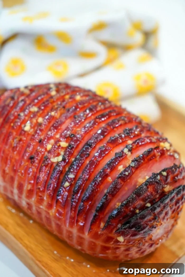 Close-up of a glazed, roasted air fryer ham with scored lines on a wooden board, with a patterned cloth in the background, perfect for a holiday meal or family dinner.