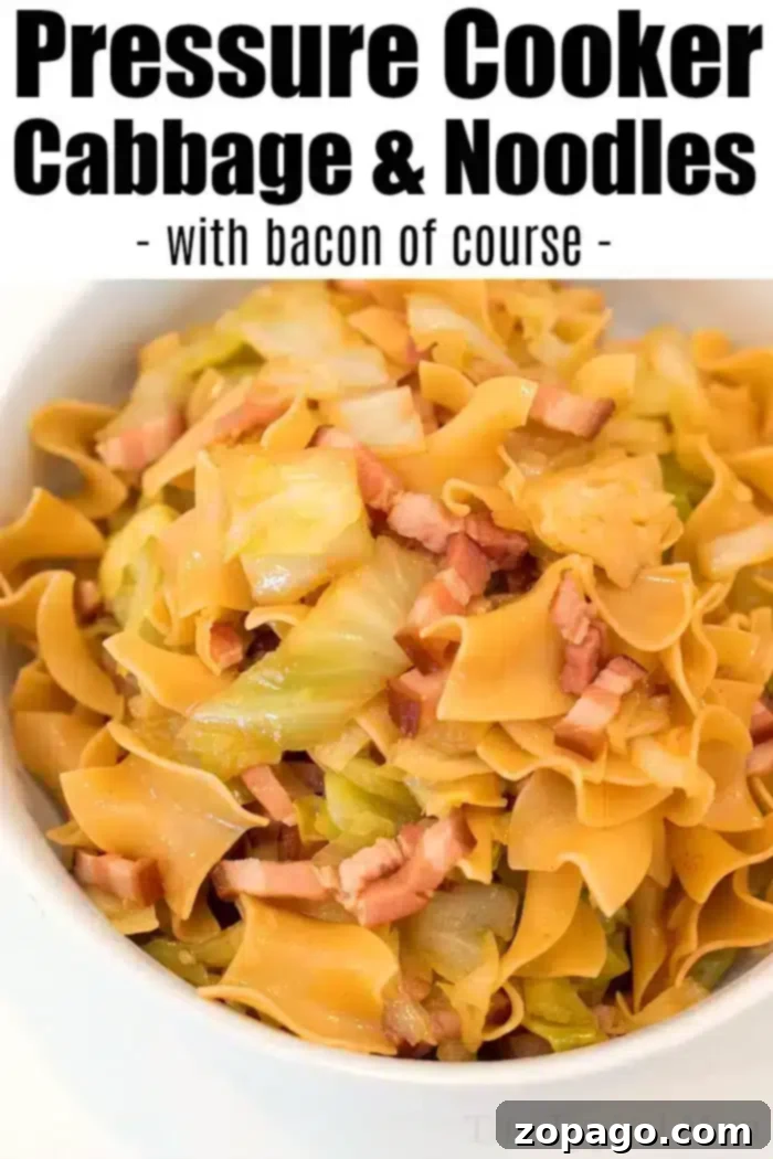 Quick-Cook Cabbage Noodle Feast 5 A vibrant, close-up shot of a bowl of Instant Pot Haluski, featuring a delicious medley of golden egg noodles, perfectly cooked cabbage, and crispy bacon, thoughtfully garnished for an appealing presentation.