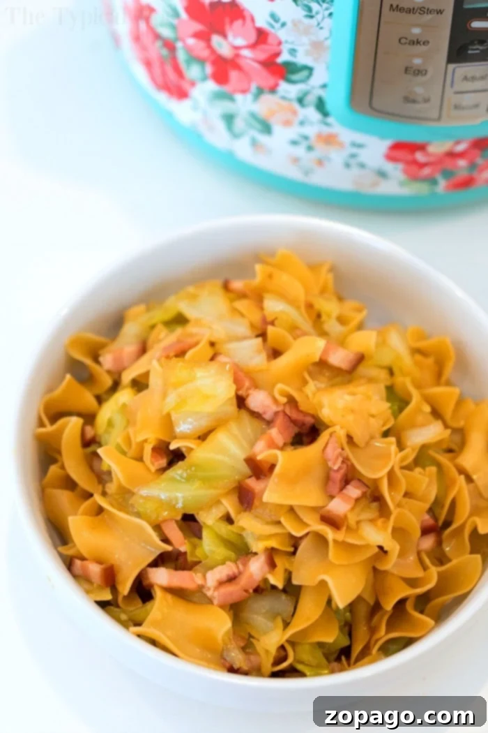 Pressure cooker cabbage and noodles is a fantastic one-pot meal. Perfect for your Instant Pot, Ninja Foodi or Crockpot Express, especially with crispy bacon, for a quick and satisfying dinner. A close-up of a steaming bowl of Instant Pot cabbage and noodles, generously mixed with delectable pieces of bacon, highlighting the appealing textures and rich colors of this comforting and quick-to-prepare dish.
