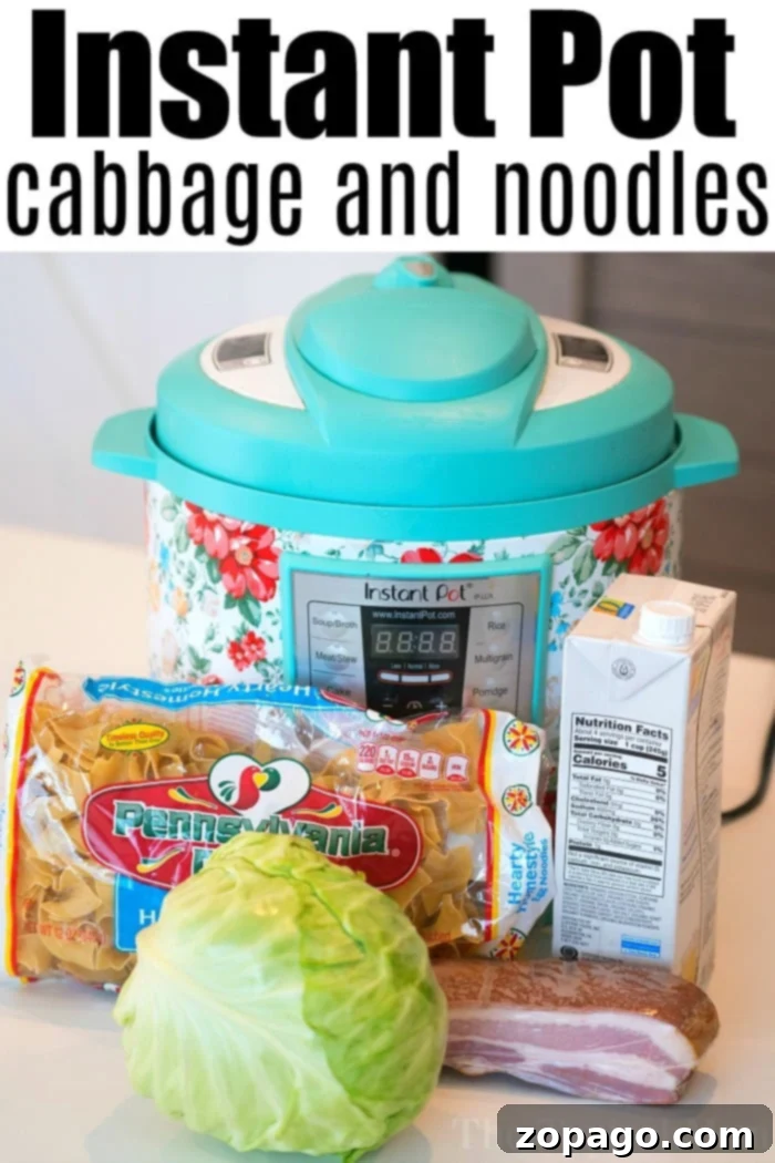 Instant Pot cabbage and noodles, a perfect quick meal in your Instant Pot, Ninja Foodi or Crockpot Express. Add bacon for next-level flavor! A hearty serving of pressure cooker cabbage and noodles, generously garnished with crispy bacon, resting in a pristine white bowl. Steam gently rises from the dish, highlighting its warmth and fresh preparation, making it an inviting meal.