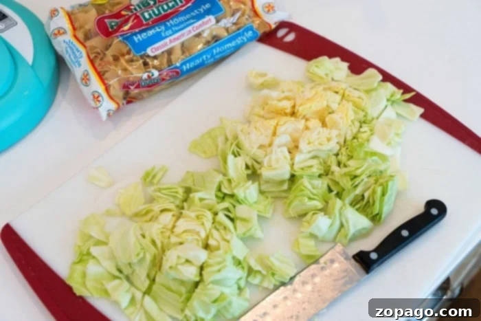 Cabbage and Noodles layered in a pressure cooker for optimal cooking. Close-up of a pressure cooker bowl filled with layers of fresh, cubed cabbage and raw extra-wide egg noodles, illustrating the precise layering required for this comforting Haluski dish.