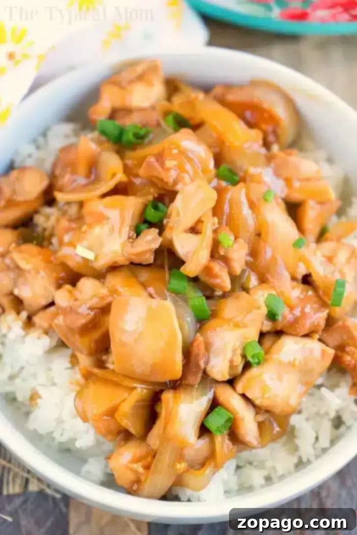 Instant Pot Hoisin Glazed Chicken 8 Bowl of fluffy white rice topped with tender hoisin chicken, sliced onions, and a sprinkle of chopped green onions, ready to eat.