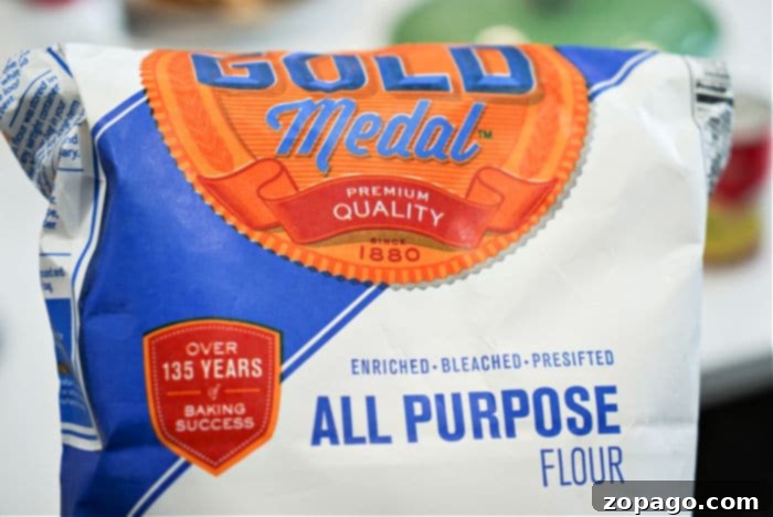 Heat-treated all-purpose flour, safe for edible cookie dough. Bag of all-purpose flour, ready for heat treatment