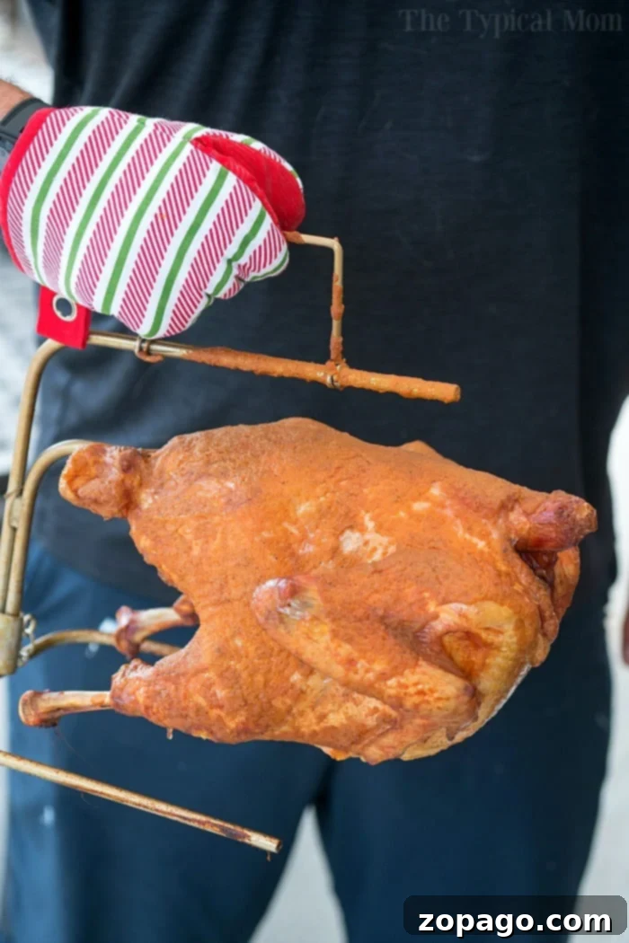 Learn how to accurately check the internal temperature of a turkey for safe and delicious results. #printable #freeprintables #meattemperatures #chicken #beef #tips #cooking #turkey A person expertly holding a perfectly cooked, whole smoked turkey with a metal hook, wearing a festive red and white striped oven mitt. This scene emphasizes the precision needed when preparing a delicious smoked turkey, where accurate internal temperature checks are vital for food safety and flavor.
