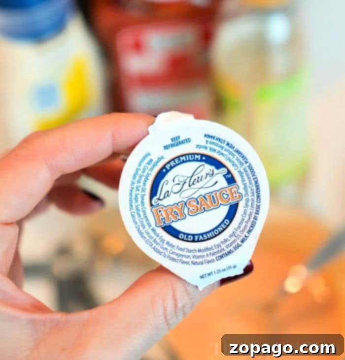 A serving of golden french fries with a generous dollop of Freddy's-style fry sauce.