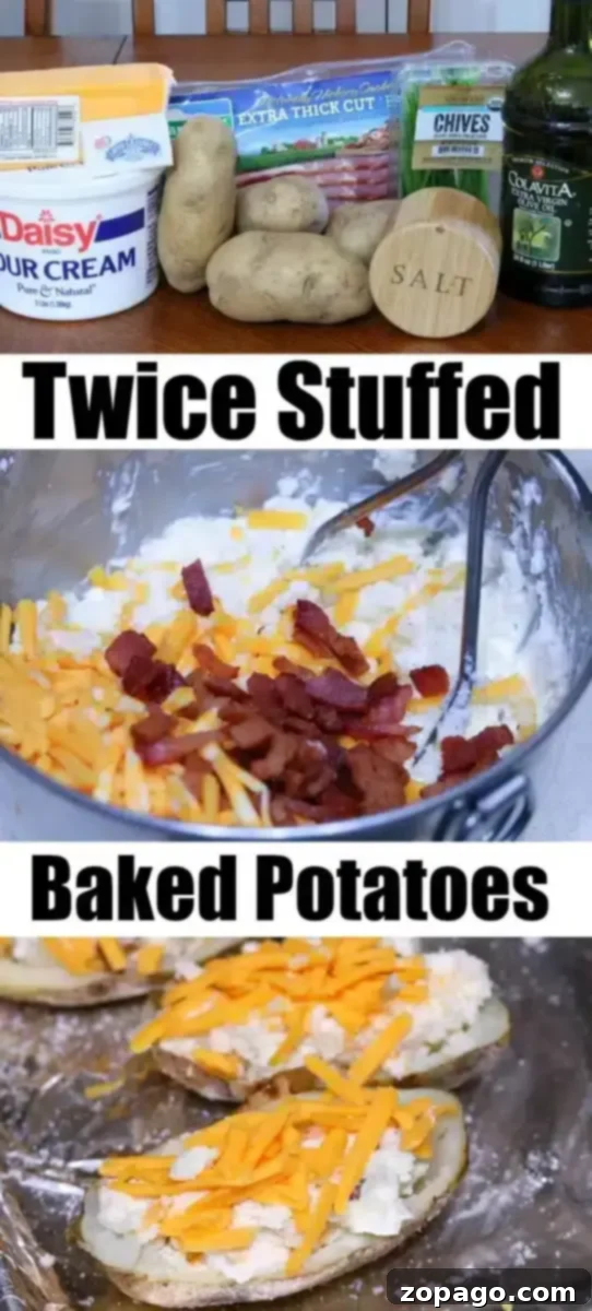 Best Make Ahead Twice Baked Potatoes Recipe: Tender stuffed potatoes with bacon, cheese and sour cream – perfect for oven or air fryer! Ingredients for make ahead twice baked potatoes, including sour cream, chives, and olive oil, are laid out. In a mixing bowl, fluffy mashed potato filling blends with cheese and bacon before being meticulously nestled back into their golden skins. Once topped with extra shredded cheese and crumbled bacon, they're perfectly poised for baking, promising a satisfying and indulgent treat.