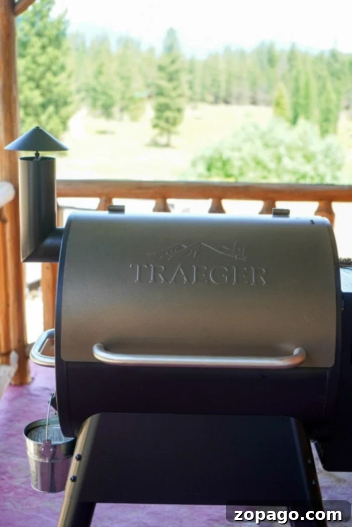 Top Cuts for Incredible Smoked Flavor 2 A Traeger grill is positioned on a wooden porch with a serene forest background, ready for smoking delicious meats.