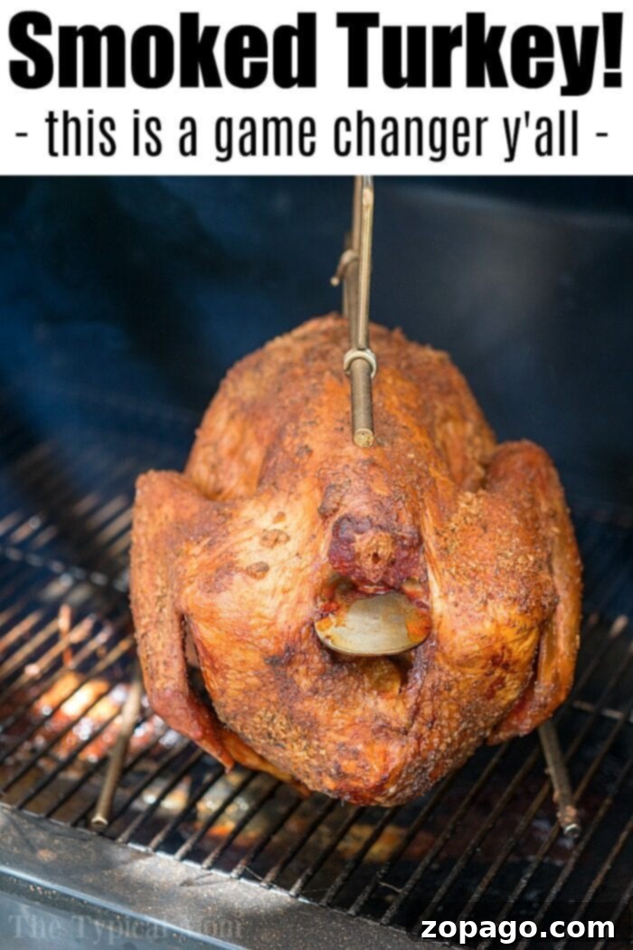 Top Cuts for Incredible Smoked Flavor 7 A whole smoked turkey, boasting crispy, golden-brown skin with visible seasoning, hangs on a metal hook inside a smoker. Text at the top reads,